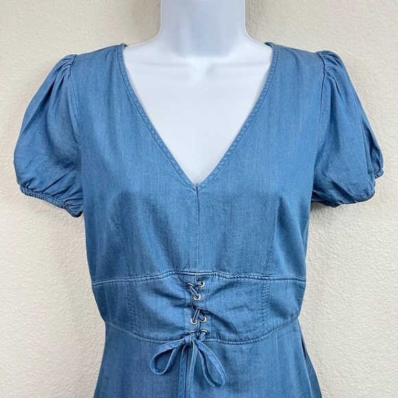 New Day to Day Blu Pepper Chambray Dress Women's S Lace Front Denim Mini Flaw - Picture 3 of 7
